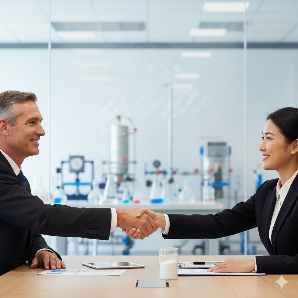 Two people shaking hands, symbolizing a strong partnership as a chemical industry product partner
