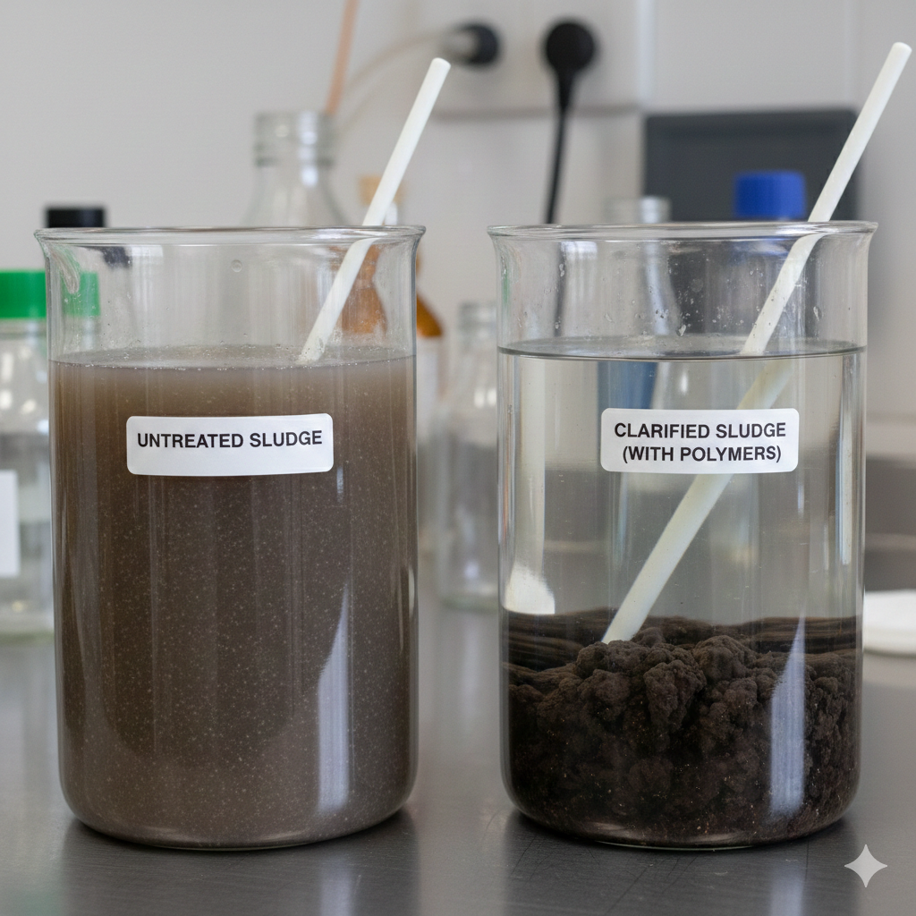 two beakers: one with sludge, one with clarified sludge using polymers